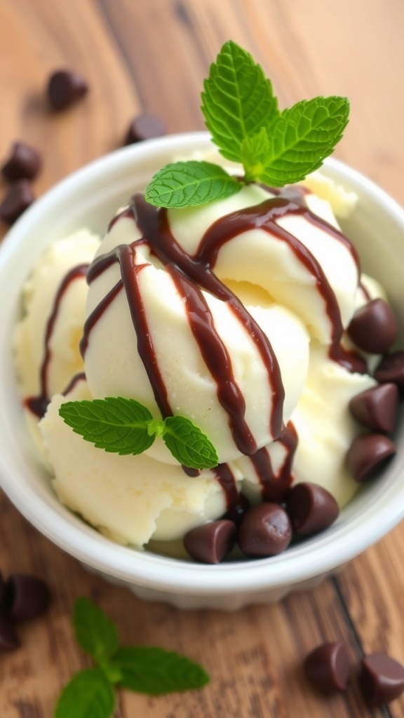 Homemade Vanilla Ice Cream Recipe A bowl of vanilla ice cream with chocolate sauce and mint on a wooden table.